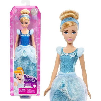 Disney Princess Cinderella Fashion Doll in a blue dress with sparkly details, packaged with a pink background.