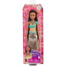Disney Princess Pocahontas doll in a blue and gold outfit with long black hair, packaged in a colorful display box.