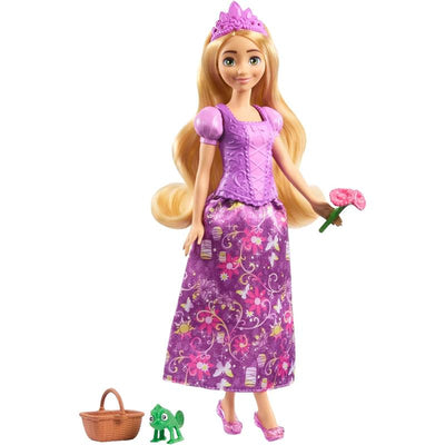 Disney Princess Rapunzel doll in a purple dress, holding a flower, with a basket and chameleon figure beside her.