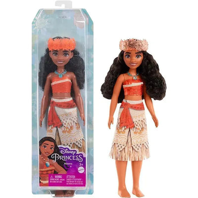 Disney Princess Moana fashion doll with curly hair, wearing a coral top and patterned skirt, displayed in packaging.