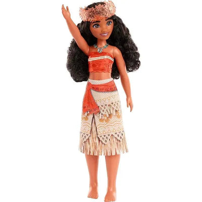 Moana fashion doll by Mattel wearing a red crop top and patterned skirt, with curly black hair and a floral headband.