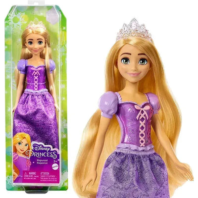 Disney Princess Rapunzel fashion doll wearing a purple dress, with long blonde hair and a crown, in packaging.