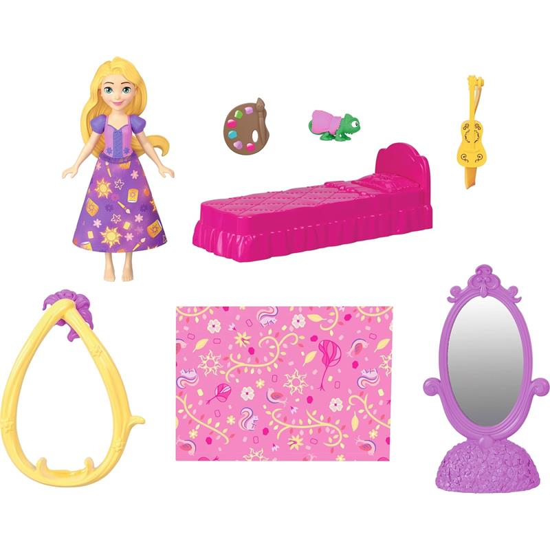 Disney Princess Stacking Castle playset featuring Rapunzel, includes a doll, bed, mirror, guitar, palette, and a chameleon.
