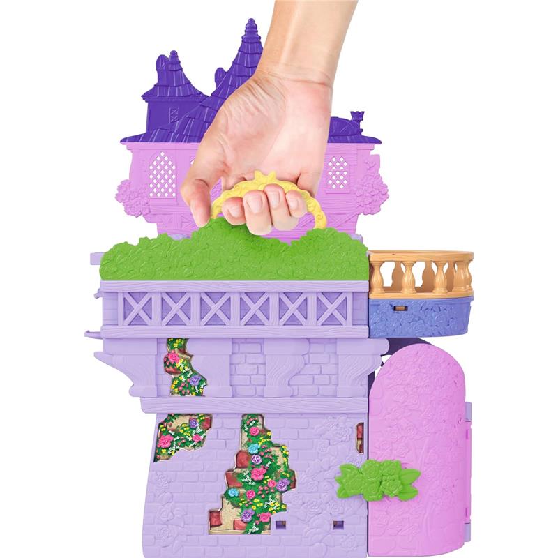 Disney Princess Stacking Castle toy featuring Rapunzel, with a purple structure, floral details, and a carry handle.