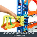 Mattel Hot Wheels City Ultimate Garage Track Set featuring a hand-operated lift for toy cars, with various vehicles visible on the tracks.