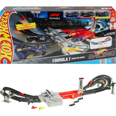 Hot Wheels Race Formula 1 Grand Prix Circuit Track Set with track layout, cars, and racing obstacles for 5+ age group.