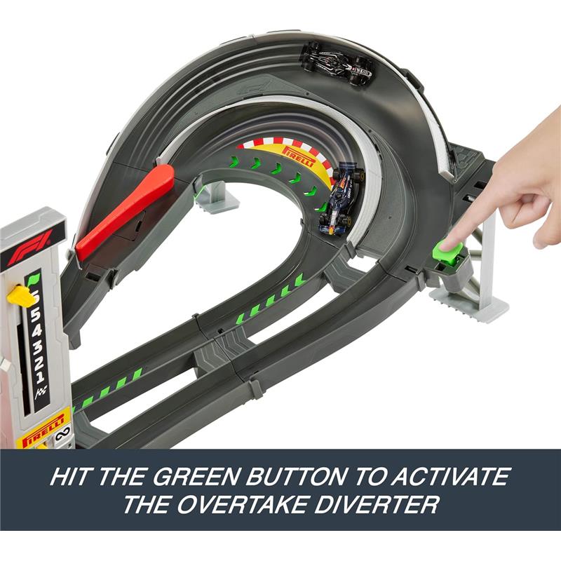 Hot Wheels Race Formula 1 Grand Prix Circuit Track Set features a track with a hand pressing a green button to activate the diverter.