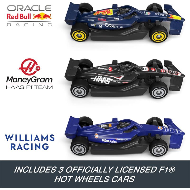 Three Hot Wheels Formula 1 cars featuring Oracle Red Bull Racing, MoneyGram Haas F1 Team, and Williams Racing.