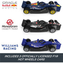 Three Hot Wheels Formula 1 cars featuring Oracle Red Bull Racing, MoneyGram Haas F1 Team, and Williams Racing.