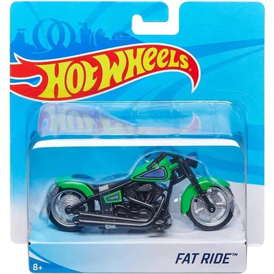 Hot Wheels Street Power Green Fat Ride Motorcycle toy in packaging, featuring chrome details and vibrant green accents.