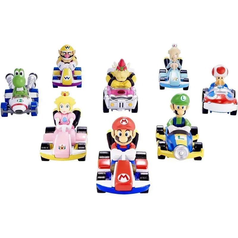 Nine characters from Mario Kart, including Mario, Luigi, Princess Peach, and Bowser, in colorful karts, showcasing collectible figures.