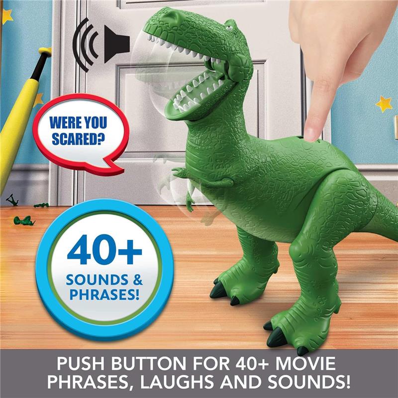 Large green Rex dinosaur figure from Pixar with sound activation button, capable of over 40 phrases and sounds.