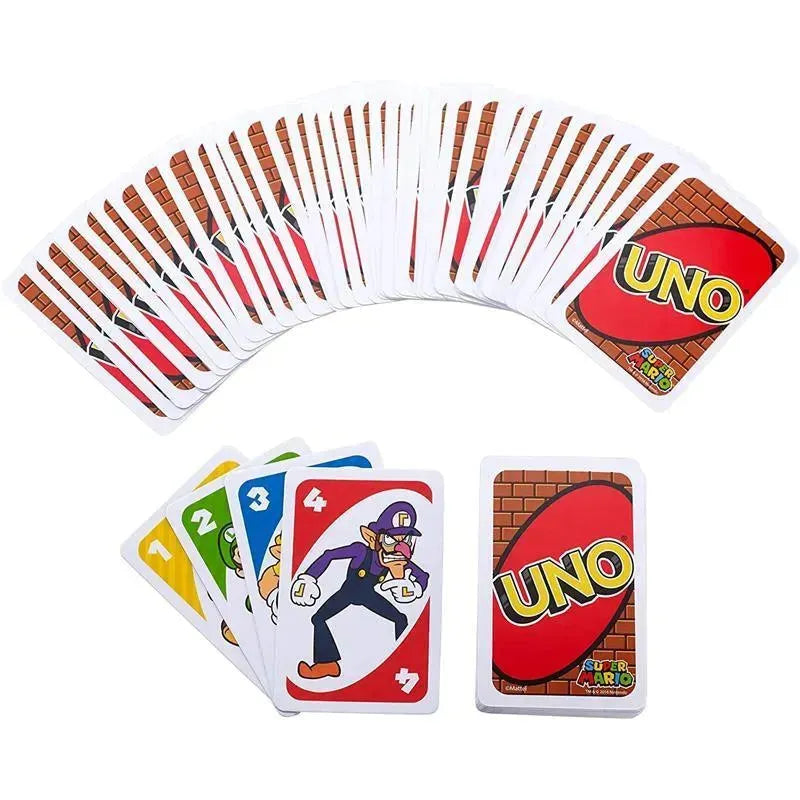 Uno Super Mario Bros card game featuring character cards, including Waluigi, in colorful designs with a brick background.