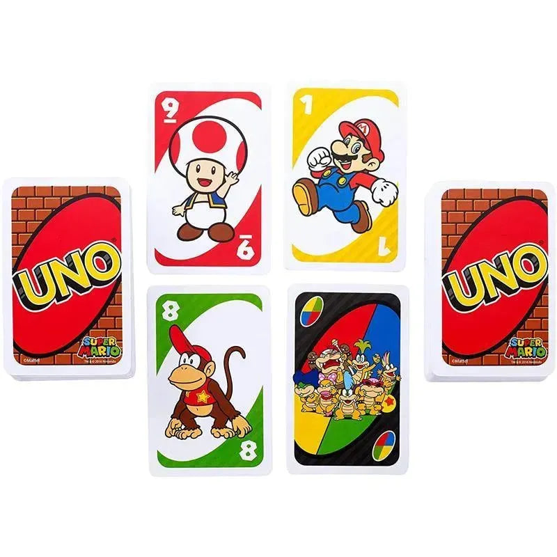 Uno Super Mario Bros card set featuring Mario, Toad, Diddy Kong, and Bowser, with colorful designs and UNO branding.