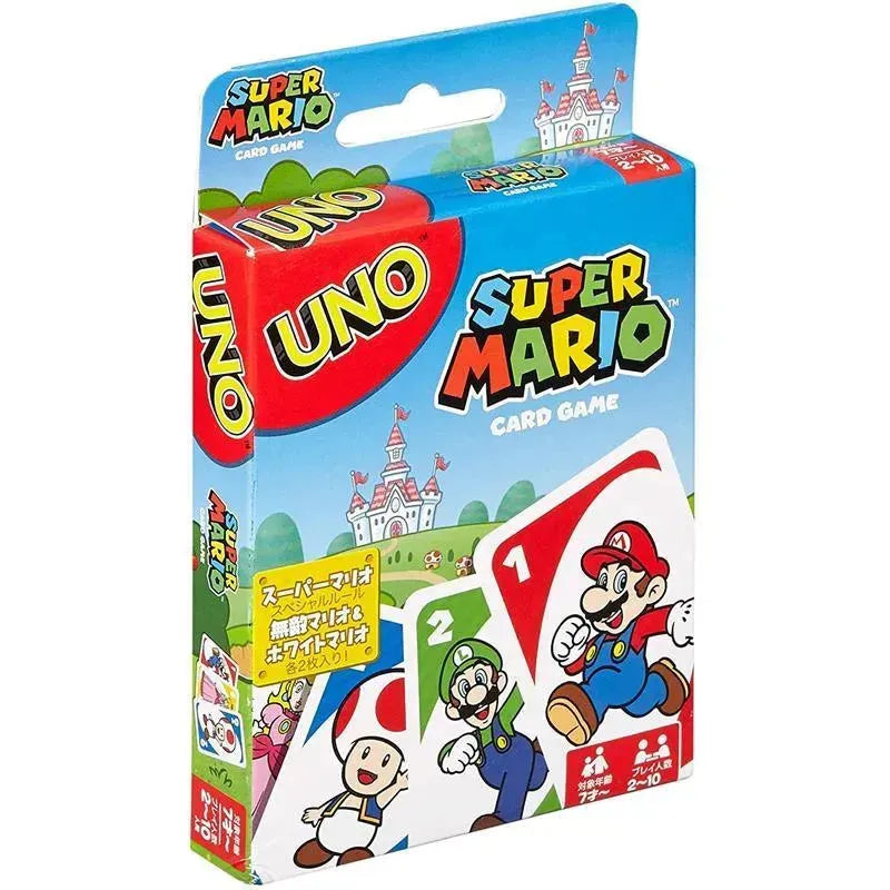 Uno Super Mario Bros card game packaging featuring Mario, Luigi, and Toad illustrations, with gameplay details on the side.