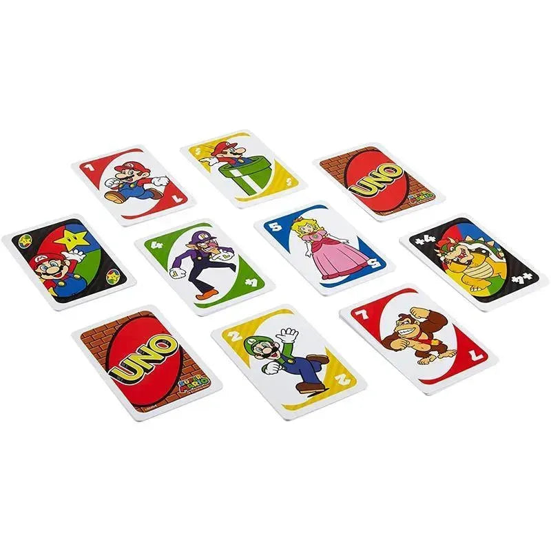 Uno cards featuring characters from Super Mario Bros, including Mario, Luigi, Princess Peach, and Bowser, arranged face up.