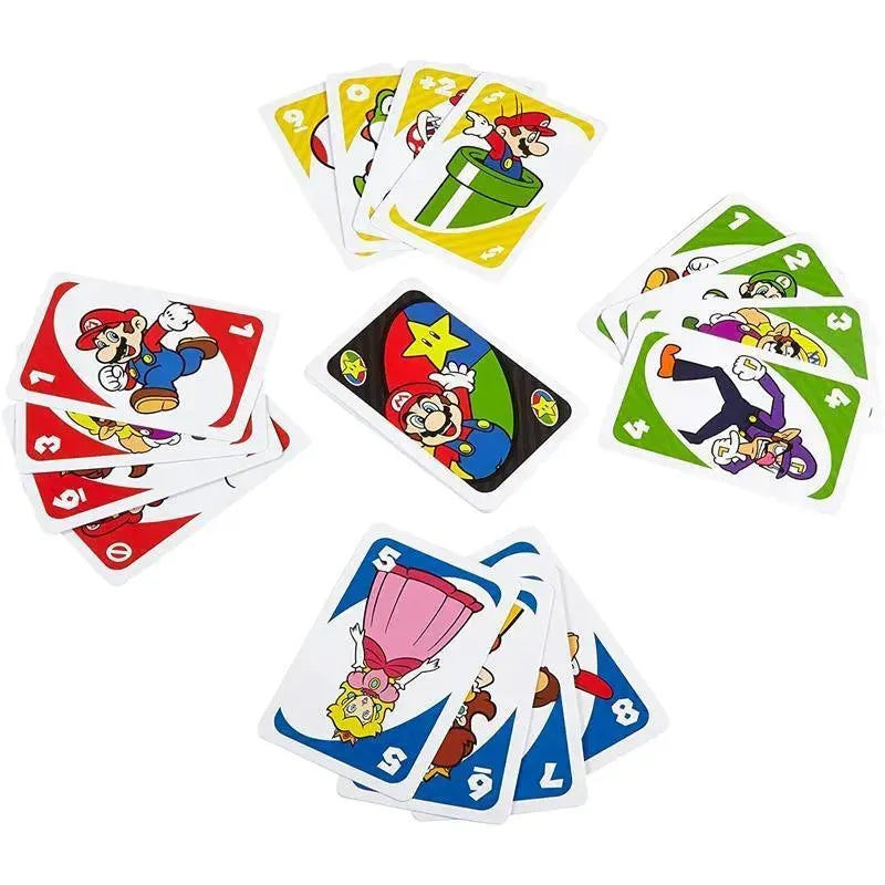 Uno Super Mario Bros cards featuring Mario, Luigi, Peach, and other characters in colorful designs on various cards.