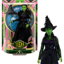 Wicked Core Doll of Elphaba from Mattel, featuring green skin, a black dress, and a pointed hat, in packaging.