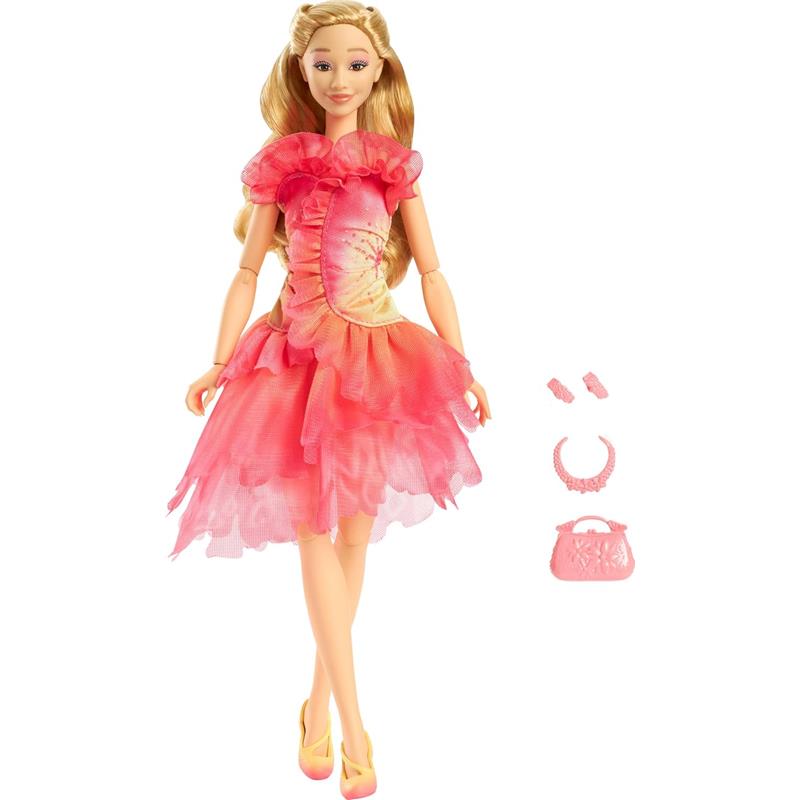 Wicked Core Doll Glinda by Mattel, featuring a pink ruffled dress, matching accessories, and blonde hair.