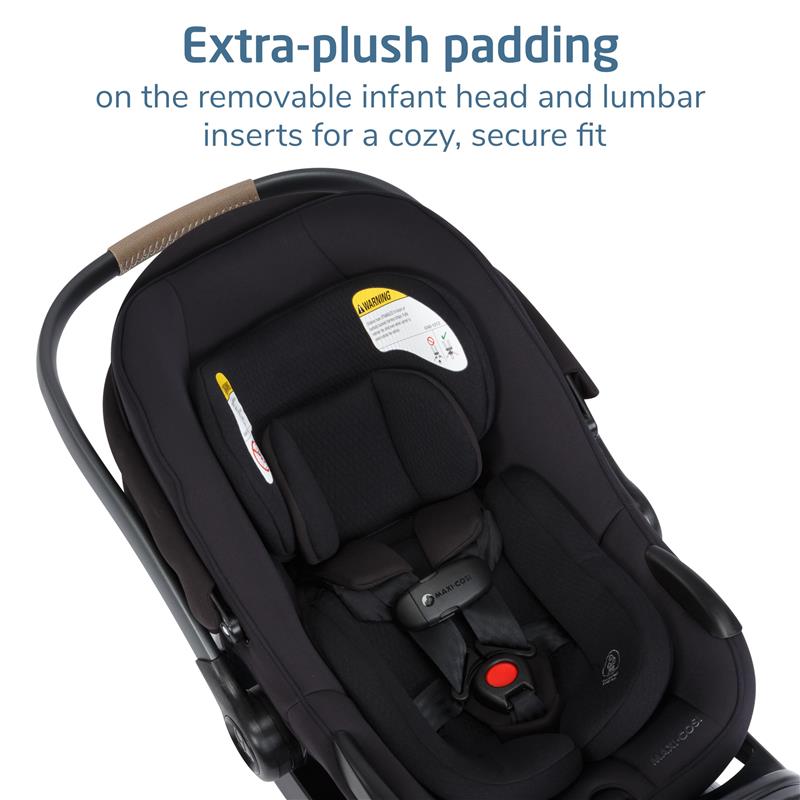 Maxi-Cosi Ambra Infant Car Seat in Escargot color featuring extra-plush padding and removable head and lumbar inserts.