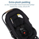 Maxi-Cosi Ambra Infant Car Seat in Escargot color featuring extra-plush padding and removable head and lumbar inserts.