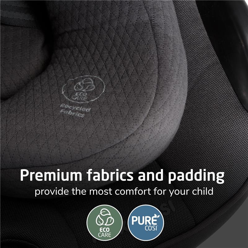Maxi-Cosi Ambra Infant Car Seat in Escargot showcasing premium fabrics and padding, with Eco Care and Pure Cosi icons for comfort.