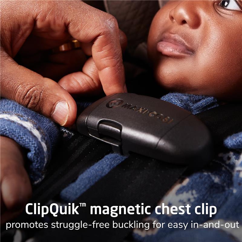 Maxi-Cosi Ambra Infant Car Seat features a ClipQuik™ magnetic chest clip, simplifying buckling for infants.