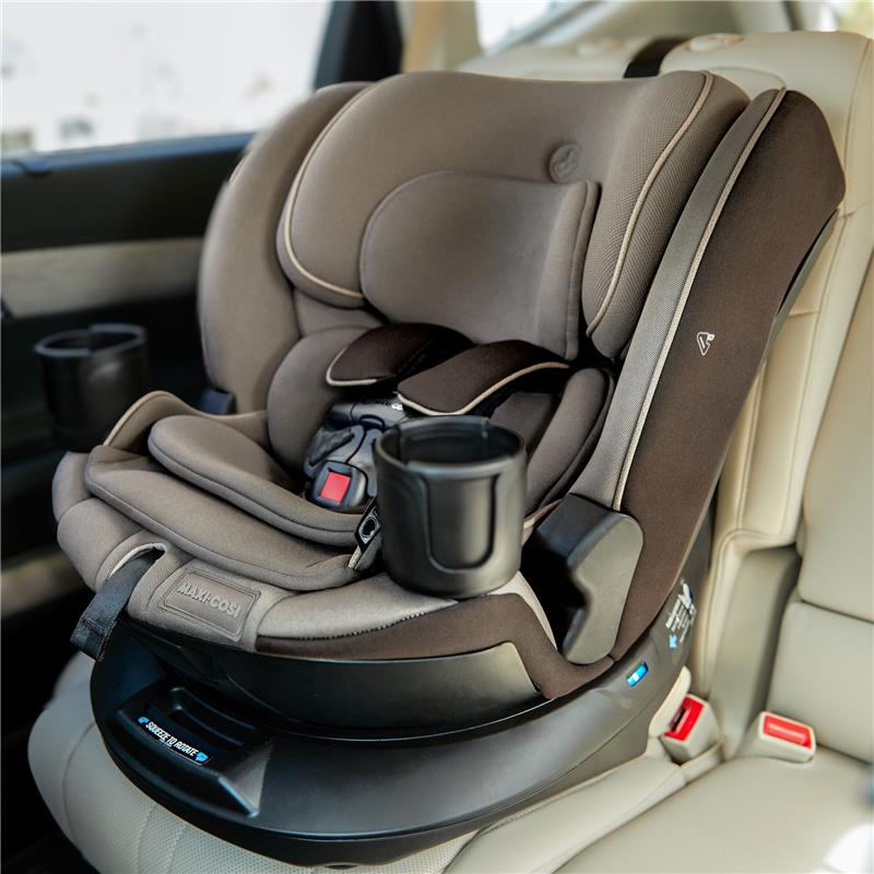 Maxi-Cosi Andi 360 Rotating All-in-One Convertible Car Seat in Escargot color, featuring side padding, cup holder, and easy buckle.