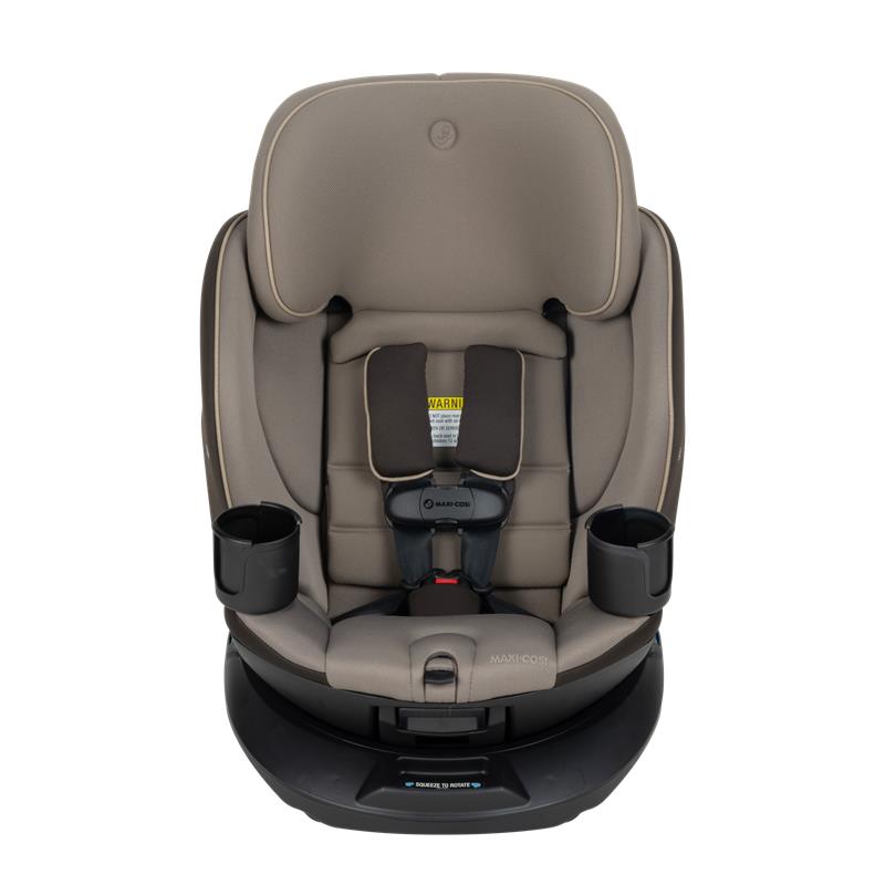 Maxi-Cosi Andi 360 rotating all-in-one convertible car seat in escargot color, featuring adjustable harness and cup holders.