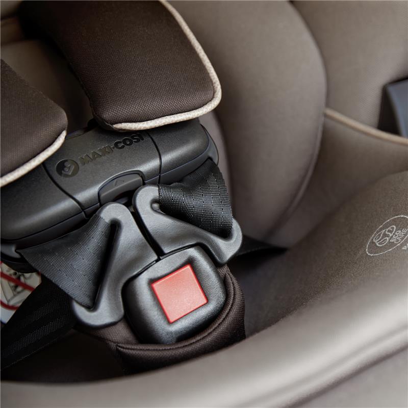 Maxi-Cosi Andi 360 Rotating All-in-One Convertible Car Seat in Truffle, featuring adjustable straps and safety buckle.