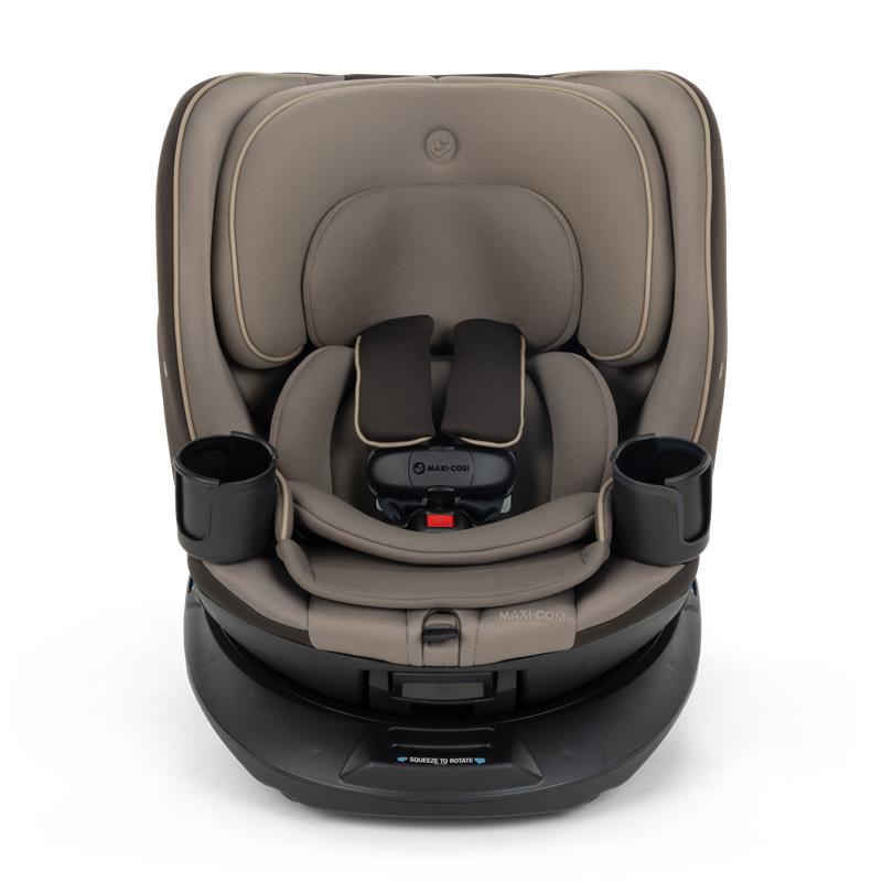 Maxi-Cosi Andi 360 Rotating All-in-One Convertible Car Seat in Truffle color, featuring adjustable straps and cup holders.