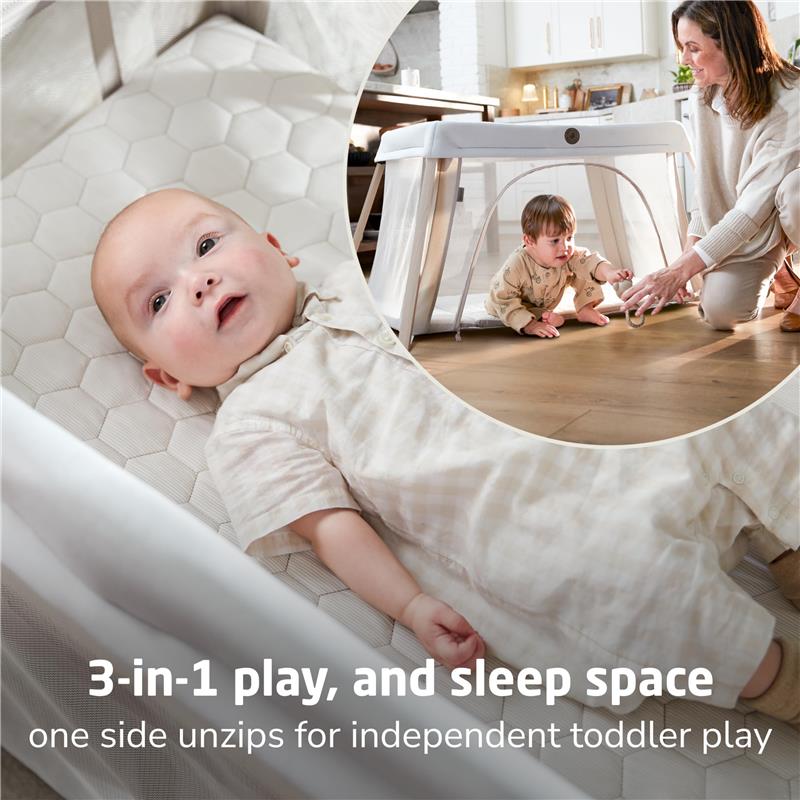 Maxi-Cosi Calao Travel Play Yard in Classic Graphite, featuring a baby lying on a hexagonal mattress and a toddler playing nearby.