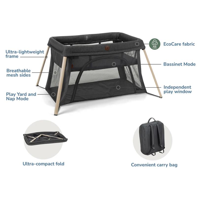 Maxi-Cosi Calao Travel Play Yard in Classic Graphite features an ultra-lightweight frame, breathable mesh sides, and EcoCare fabric.