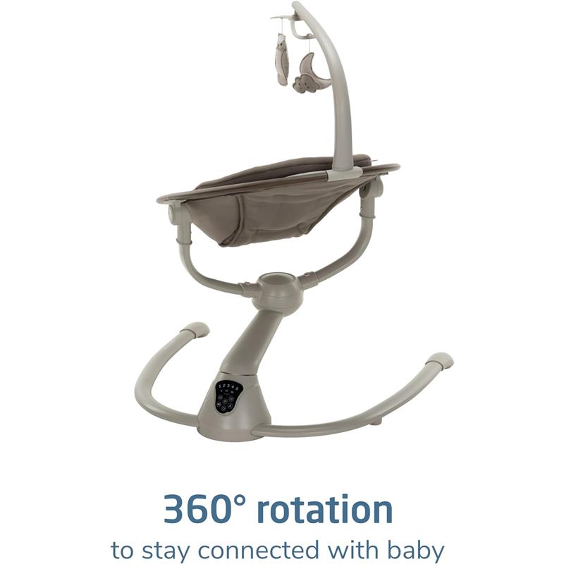 Maxi-Cosi Cassia Smart Baby Swing in Truffle color; features 360° rotation, a padded seat, and hanging toys.