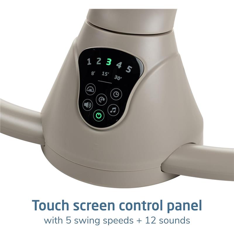 Touch screen control panel of the Maxi-Cosi Cassia Smart Baby Swing, featuring 5 swing speeds and 12 sounds.