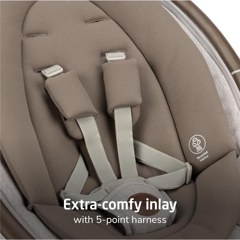 Extra-comfy inlay with 5-point harness for the Maxi-Cosi Cassia Smart Baby Swing in Truffle color.