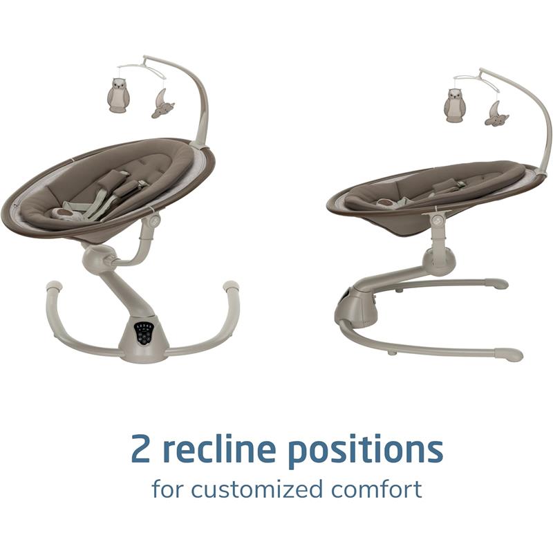 Maxi-Cosi Cassia Smart Baby Swing in Truffle, featuring two recline positions for customized comfort and hanging toys.