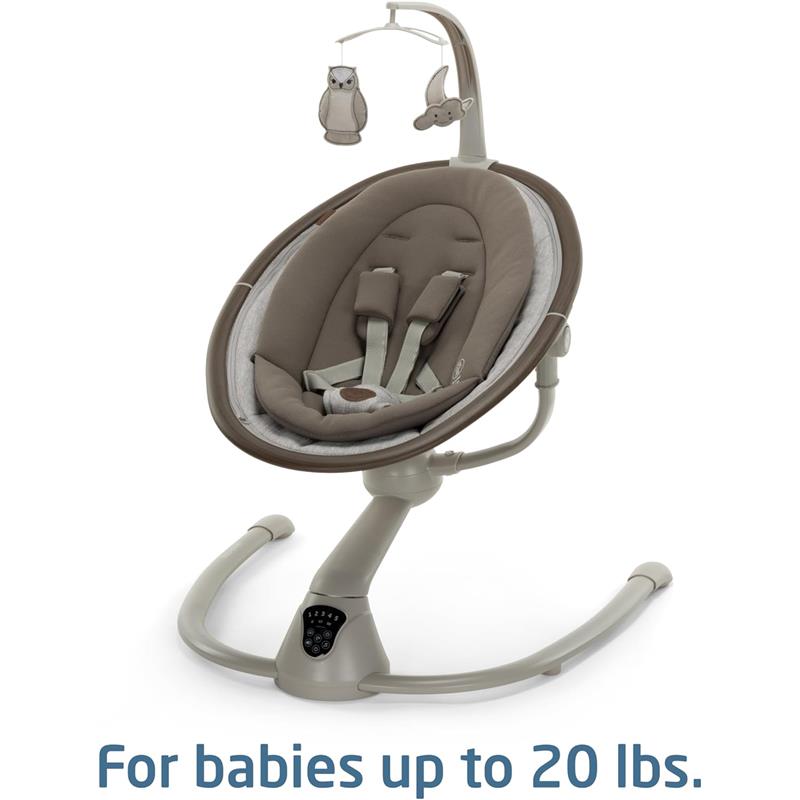 Maxi-Cosi Cassia Smart Baby Swing in Truffle color, designed for infants up to 20 lbs, featuring soft fabric and mobile toys.