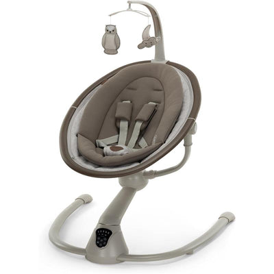 Maxi-Cosi Cassia Smart Baby Swing in Truffle color, featuring a plush seat, safety harness, and hanging plush toys.