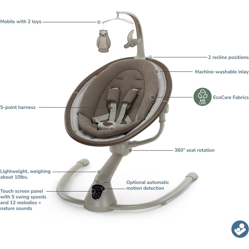 Maxi-Cosi Cassia Smart Baby Swing in Truffle, featuring a 5-point harness, mobile with toys, and touch screen panel.