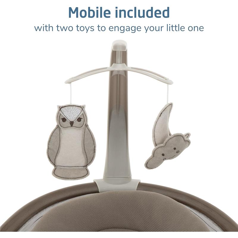 Mobile attachment for Maxi-Cosi Cassia Smart Baby Swing featuring an owl and a cloud toy, designed to engage infants.
