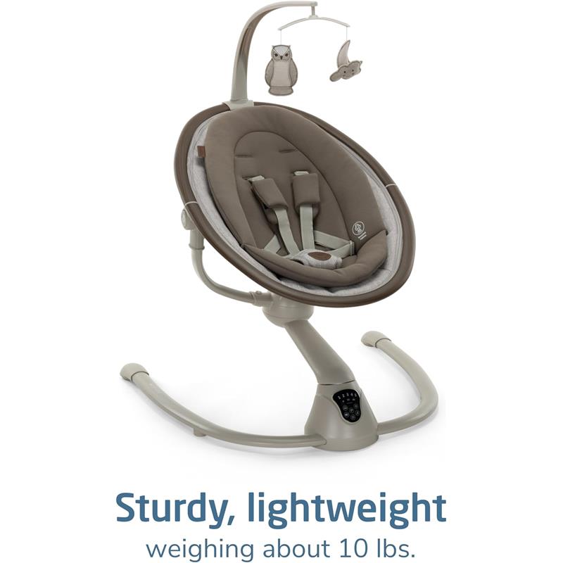Maxi-Cosi Cassia Smart Baby Swing in Truffle color, featuring soft seating, safety straps, and a mobile with an owl and clouds.