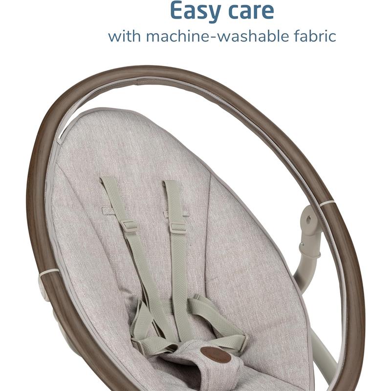 Maxi-Cosi Cassia Smart Baby Swing in Truffle color features a soft, machine-washable fabric seat with safety harness.