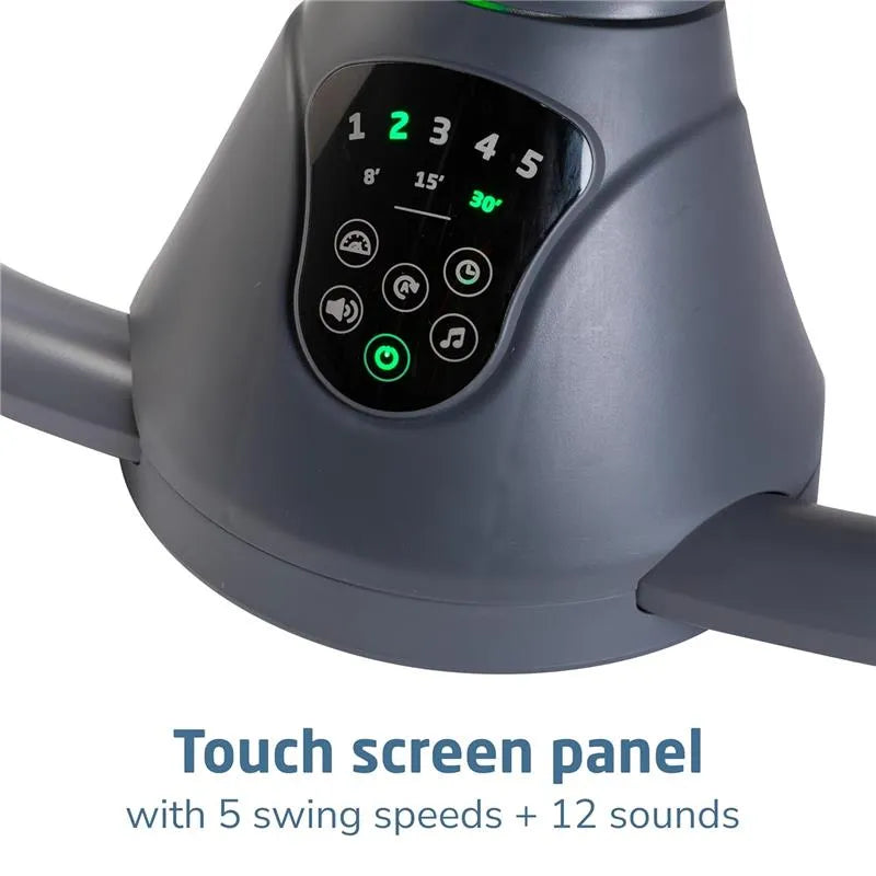 Touch screen panel of Maxi-Cosi Cassia Swing displaying 5 swing speeds and 12 sound options.