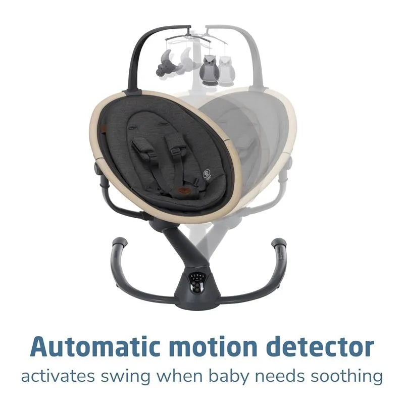 Maxi-Cosi Cassia Swing in Classic Graphite, featuring an automatic motion detector to soothe the baby by activating the swing.