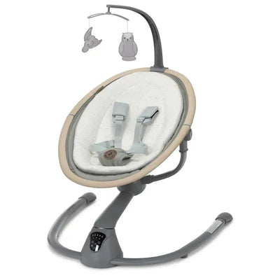 Maxi-Cosi Cassia Swing in Classic Green, featuring a soft, cushioned seat and a mobile with plush owl and bunny toys.