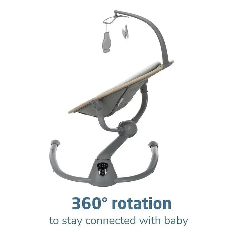 Maxi-Cosi Cassia Swing in Classic Green featuring a 360° rotation for connecting with baby, with a padded seat and hanging toys.