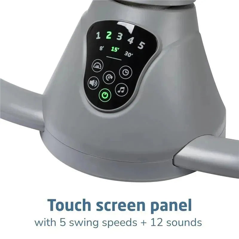 Touch screen panel of the Maxi-Cosi Cassia Swing, featuring 5 swing speeds and 12 sound options.