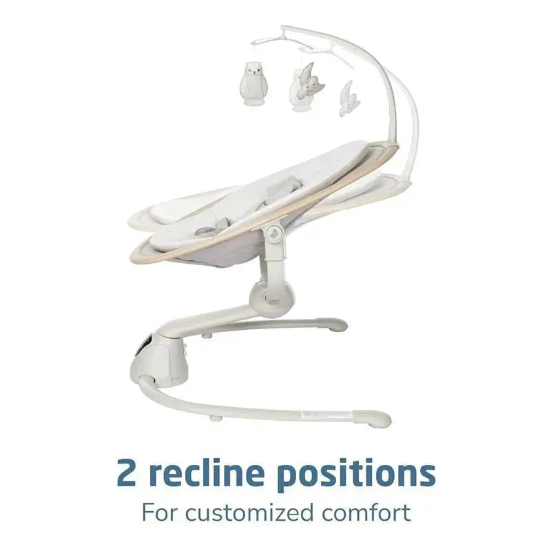 Maxi-Cosi Cassia Swing in Classic Oat, featuring two reclining positions and a mobile with animal toys.