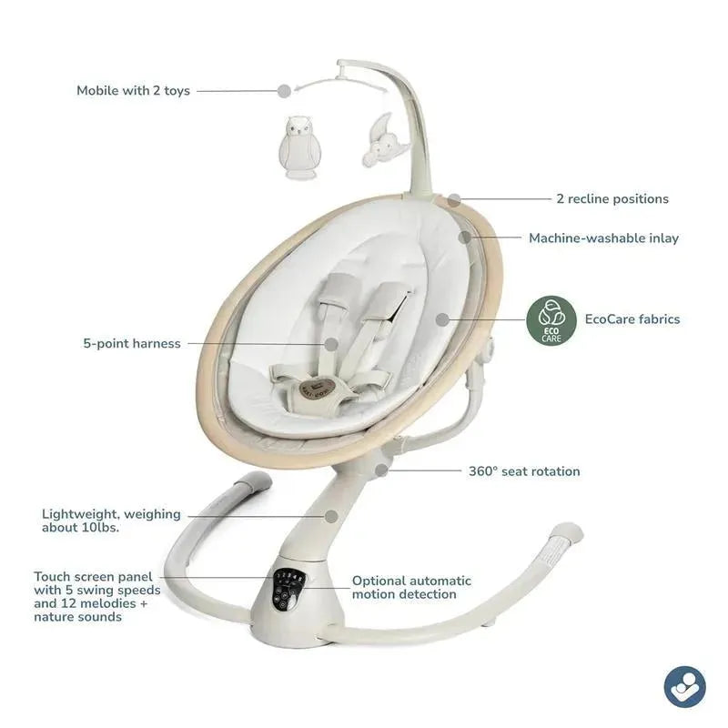 Maxi-Cosi Cassia Swing in Classic Oat features a 5-point harness, mobile with two toys, 360° rotation, and touch screen panel.